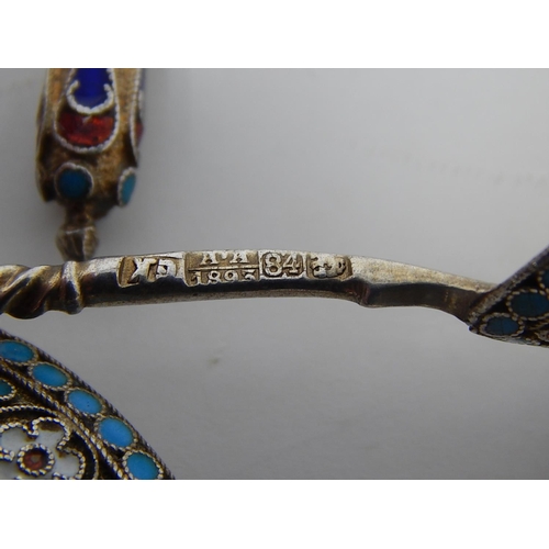 3 - Russian C19th Silver Cloisonné Enamel Set of 6 Spoons: 84 Standard: Date 1893: Makers/Assay Master M... 