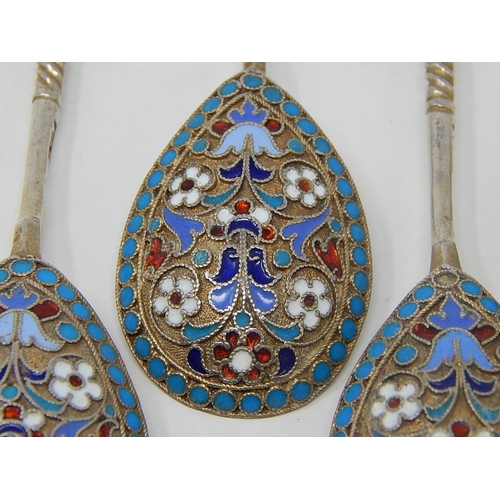 3 - Russian C19th Silver Cloisonné Enamel Set of 6 Spoons: 84 Standard: Date 1893: Makers/Assay Master M... 