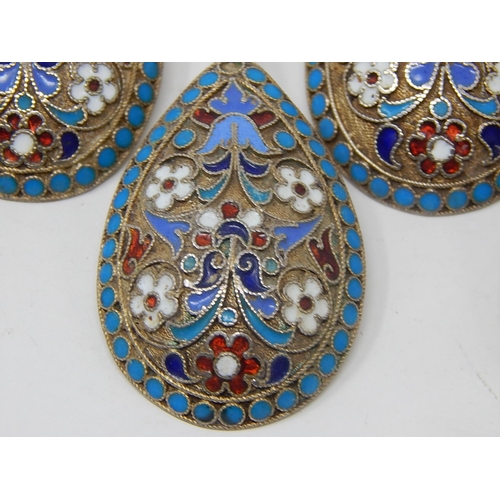 3 - Russian C19th Silver Cloisonné Enamel Set of 6 Spoons: 84 Standard: Date 1893: Makers/Assay Master M... 