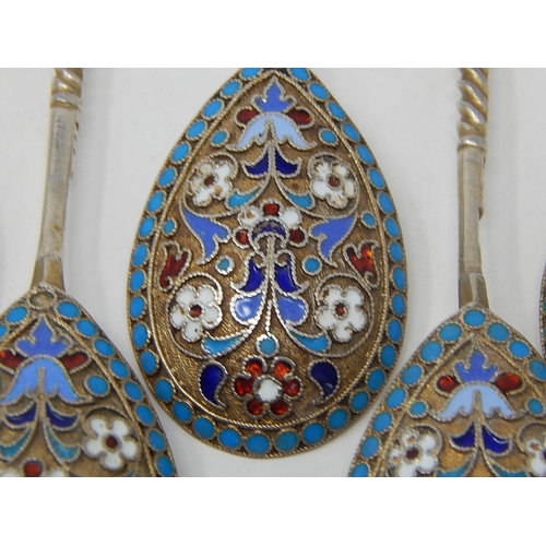 3 - Russian C19th Silver Cloisonné Enamel Set of 6 Spoons: 84 Standard: Date 1893: Makers/Assay Master M... 