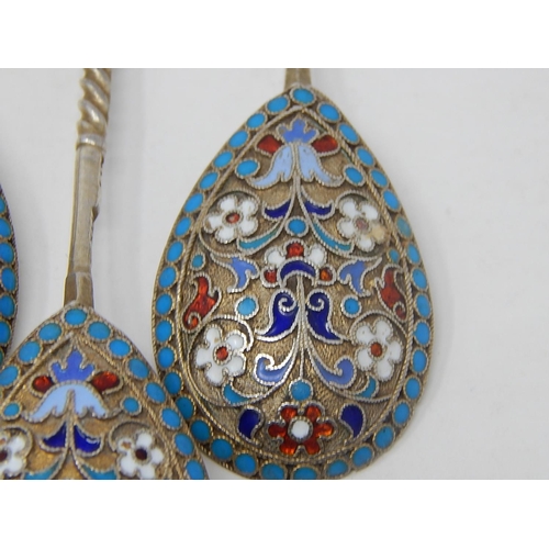 3 - Russian C19th Silver Cloisonné Enamel Set of 6 Spoons: 84 Standard: Date 1893: Makers/Assay Master M... 