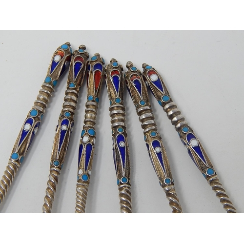 3 - Russian C19th Silver Cloisonné Enamel Set of 6 Spoons: 84 Standard: Date 1893: Makers/Assay Master M... 