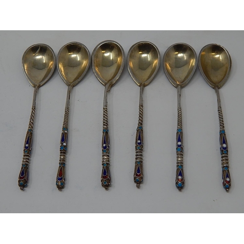 3 - Russian C19th Silver Cloisonné Enamel Set of 6 Spoons: 84 Standard: Date 1893: Makers/Assay Master M... 