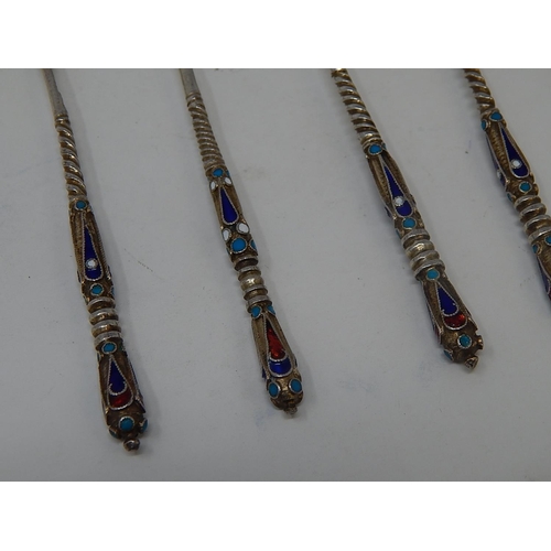 3 - Russian C19th Silver Cloisonné Enamel Set of 6 Spoons: 84 Standard: Date 1893: Makers/Assay Master M... 