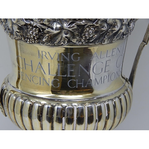 24 - Edwardian Silver Gilt Trophy Cup & Lid: Hallmarked London 1908 by Sydney Bellamy Harman: Height on S... 