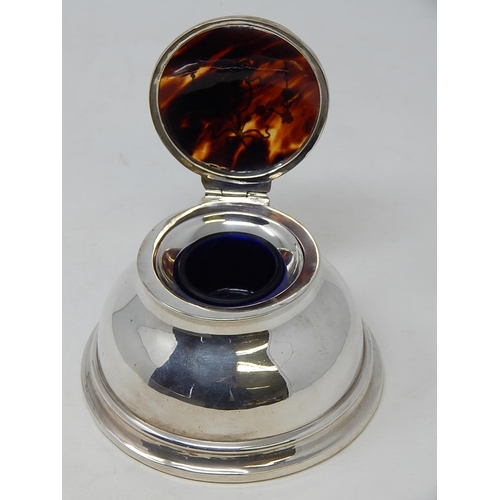 29 - Quality Silver Inkwell with Tortoiseshell Lid with Silver Pique Inlay. Hallmarked Birmingham 1920 by... 