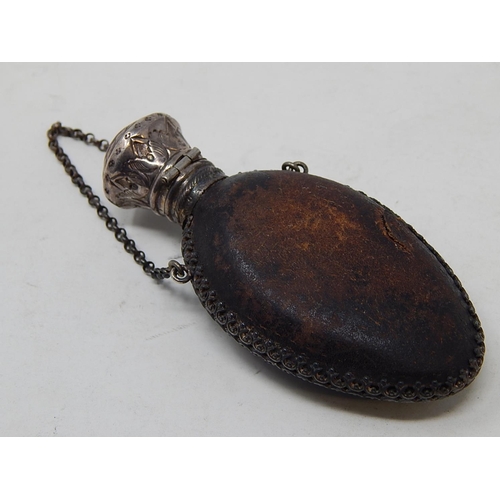 31 - Victorian Silver Mounted Tear Shaped Scent Bottle with hinged lid & internal stopper with leather co... 