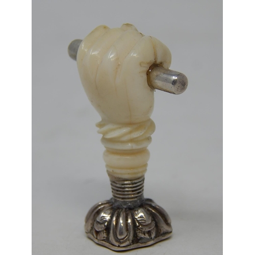 32 - Victorian Silver & Ivory Desk Seal with carved ivory hand holding a silver baton. The red matrix sea... 