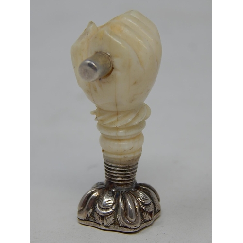 32 - Victorian Silver & Ivory Desk Seal with carved ivory hand holding a silver baton. The red matrix sea... 