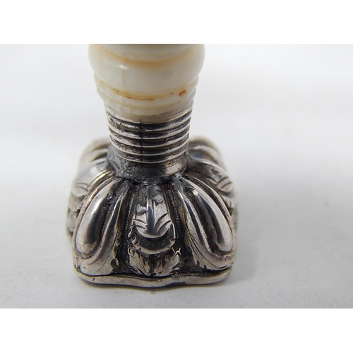 32 - Victorian Silver & Ivory Desk Seal with carved ivory hand holding a silver baton. The red matrix sea... 