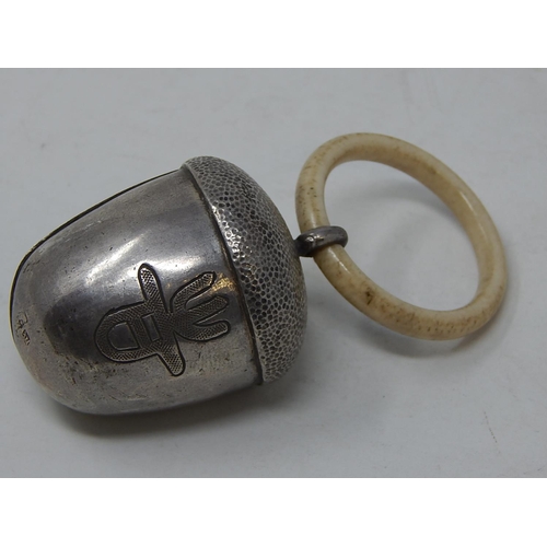 33 - Late 19th Century CHINESE Silver rattle with teether: The rattle formed as an Acorn with Chinese Sym... 