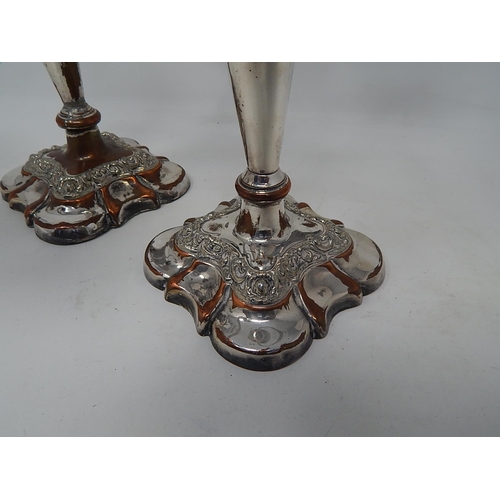 47 - Pair of Sheffield Plate on Copper Candelabra: 30cm wide.