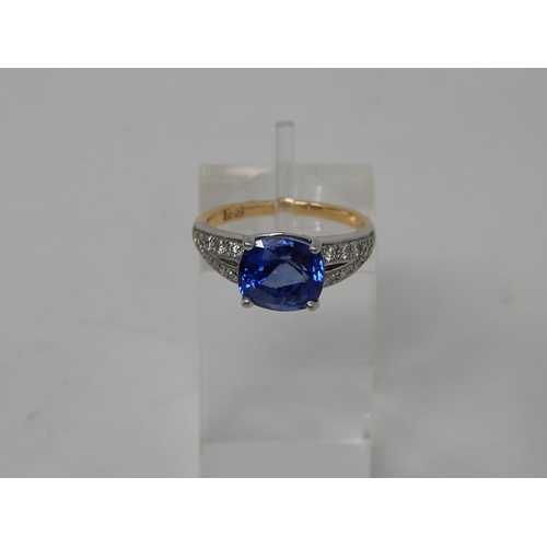 112 - Sapphire and diamond dress ring, central cushion cut sapphire weighing an estimated 3.00cts, four cl... 