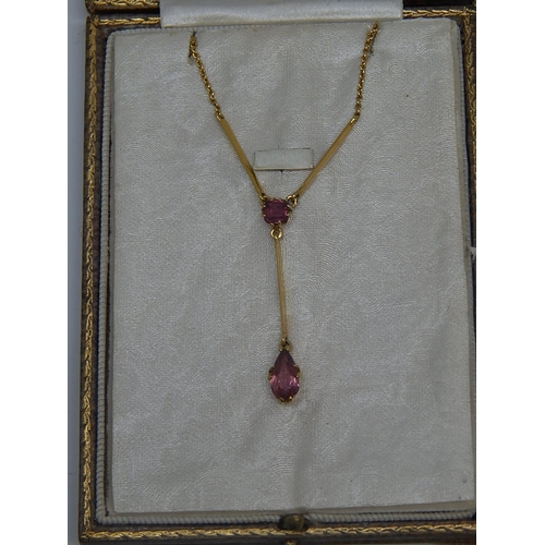 138 - Victorian pink tourmaline pendant necklace, round cut tourmaline suspending a pear shaped tourmaline... 