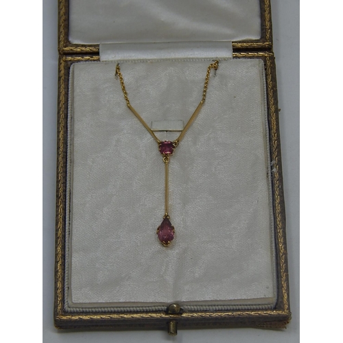 138 - Victorian pink tourmaline pendant necklace, round cut tourmaline suspending a pear shaped tourmaline... 