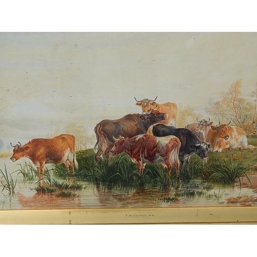 225 - THOMAS SIDNEY COOPER: 1803-1902: Watercolour of cattle at the river's edge. Measures 94cm x 72cm fra... 