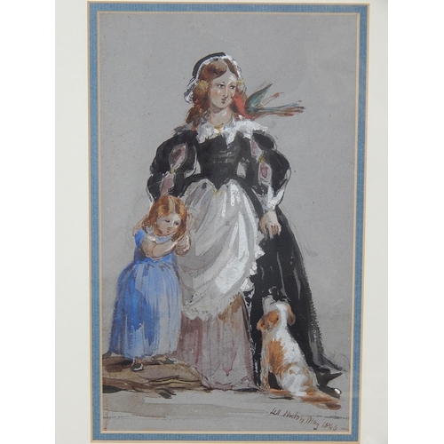 260 - 19th century watercolour of a Lady with child & dog dated 1846: Framed & Glazed. 38cm x 28.5cm