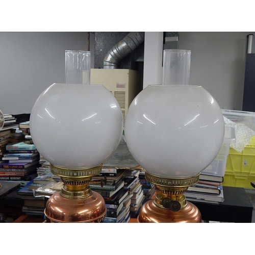 327 - Pair of Oil Lamps with Chimneys & Shades: Measring 56cm