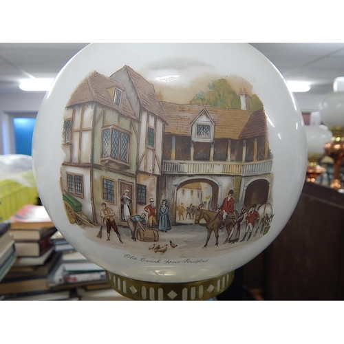 331 - Oil Lamp with Glass Chimney & Shade with scenes of The Old Coach House Stratford & Woolhampton 53cm