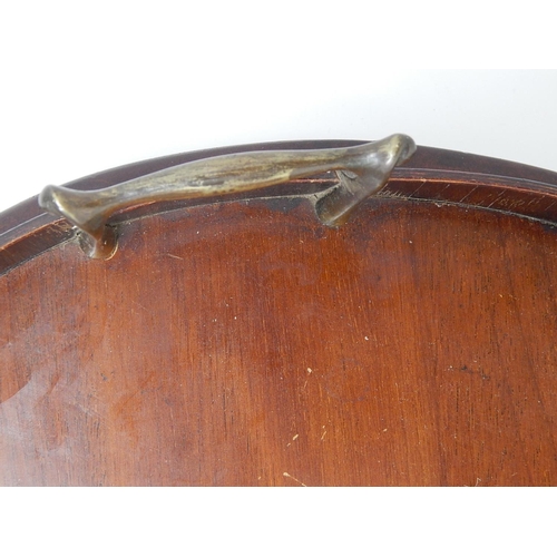 335 - Edwardian Mahogany Kidney Shaped Tray with Gallery, inlaid with central shell decoration & having tw... 