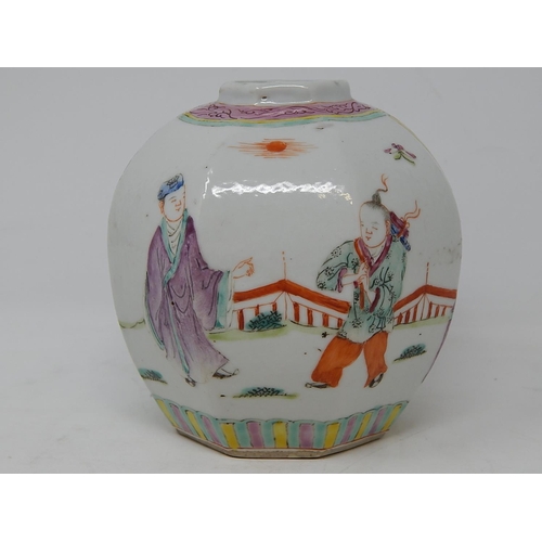 388 - Chinese octagonal porcelain jar, hand painted in the famille rose palette with figures, six figure c... 