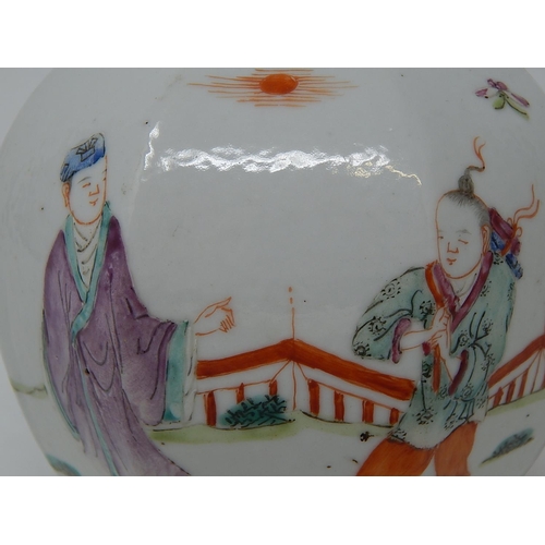 388 - Chinese octagonal porcelain jar, hand painted in the famille rose palette with figures, six figure c... 