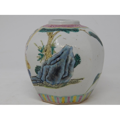 388 - Chinese octagonal porcelain jar, hand painted in the famille rose palette with figures, six figure c... 