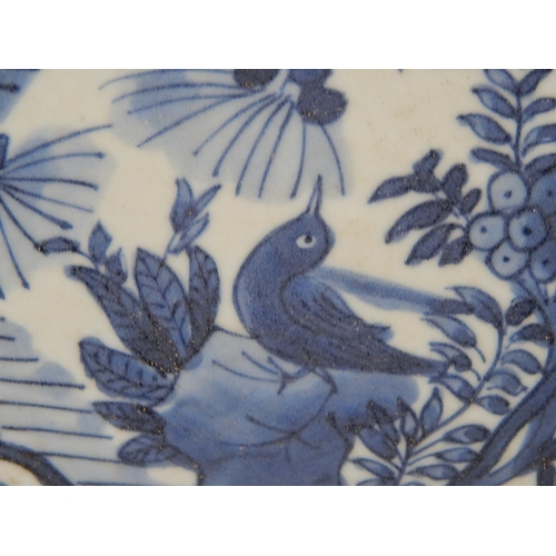 389 - Chinese blue and white porcelain dish, hand painted with a birds and flowers, 32cm in diameter