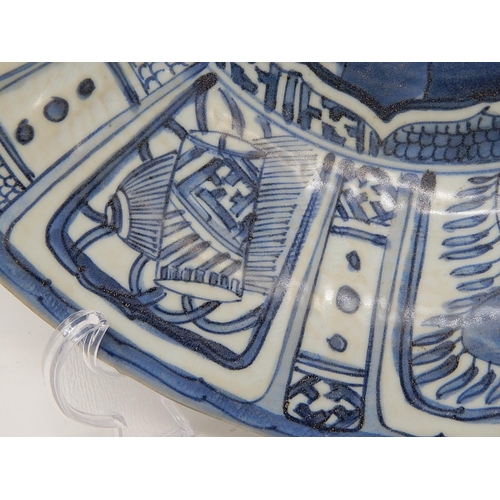 389 - Chinese blue and white porcelain dish, hand painted with a birds and flowers, 32cm in diameter