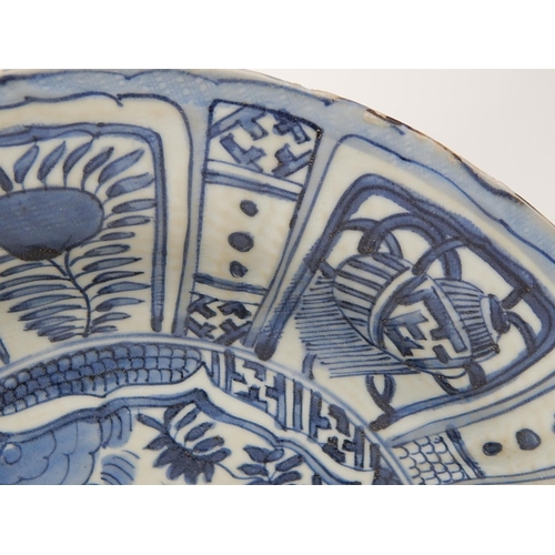 389 - Chinese blue and white porcelain dish, hand painted with a birds and flowers, 32cm in diameter