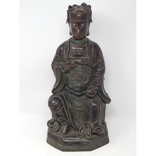 390 - Chinese bronze study of a seated emperor, character marks to the reverse, 38.5cm high