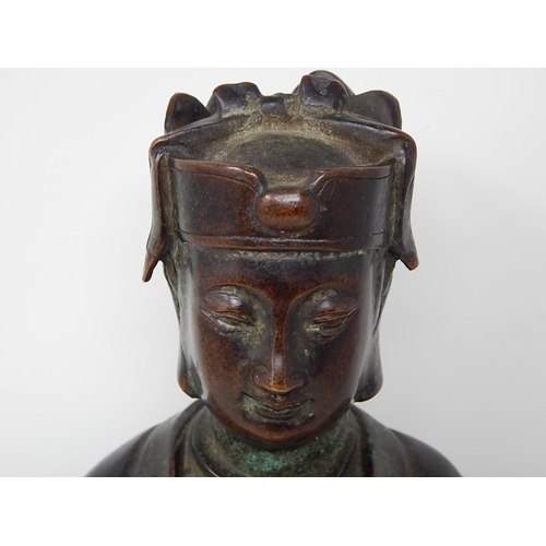 390 - Chinese bronze study of a seated emperor, character marks to the reverse, 38.5cm high