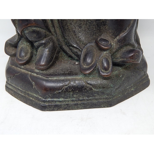 390 - Chinese bronze study of a seated emperor, character marks to the reverse, 38.5cm high