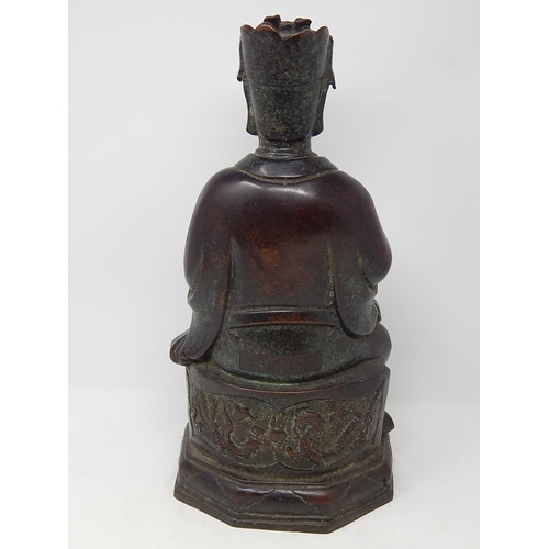 390 - Chinese bronze study of a seated emperor, character marks to the reverse, 38.5cm high