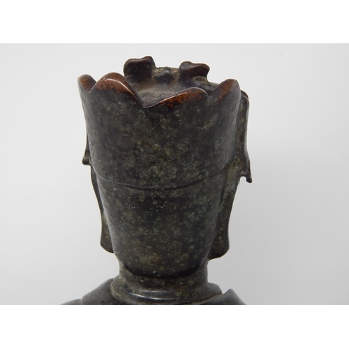 390 - Chinese bronze study of a seated emperor, character marks to the reverse, 38.5cm high