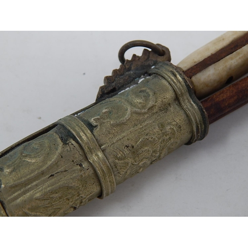 407 - Chinese Soldiers Canteen, comprising knife & chopsticks within fitted metal clad holder.