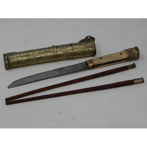 407 - Chinese Soldiers Canteen, comprising knife & chopsticks within fitted metal clad holder.