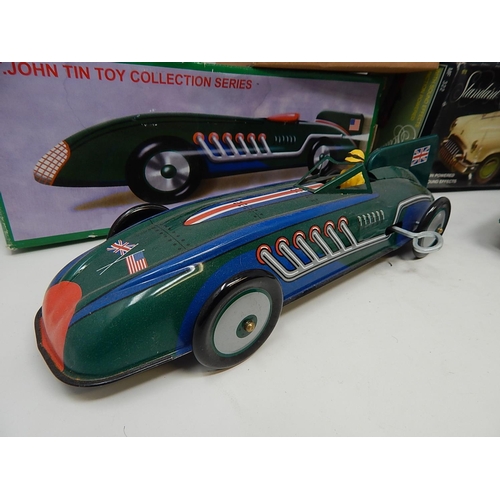 413 - Three Vintage Tin Plate Toys: Standard Sedan: British Record Racer: Clockwork Tractor: All Boxed