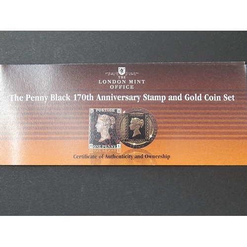 628 - Stamp and Coin pair comprising 170th Anniversary QV 1d Black 2 margins with IOM pearl-black finish m... 