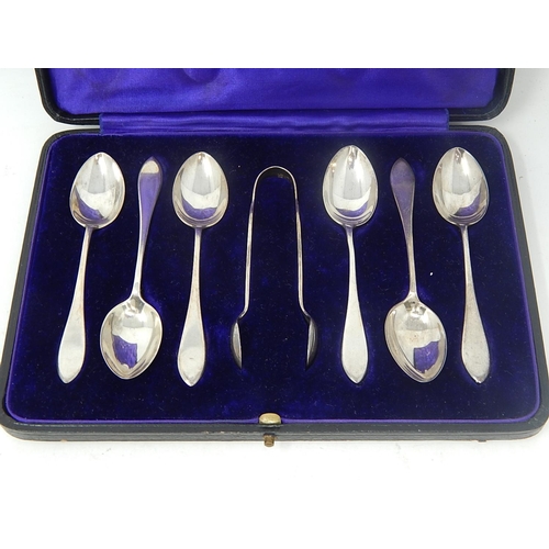 53 - Set of 6 Silver Coffee Spoons & Tongs Hallmarked London 1913 by H.A & S