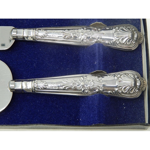 59 - Kings Pattern: Silver Handled Bread Knife, Cake Slice & Cheese Knife. All Hallmarked Sheffield.