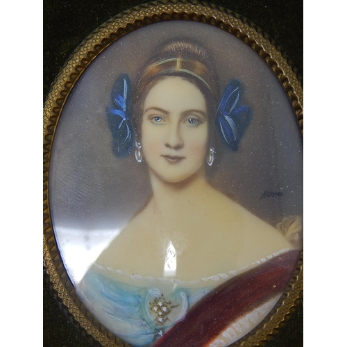 442 - 19th Century Portrait Miniature of a Lady, Signed, within an oval green velvet frame. 8cm x 6cm pict... 