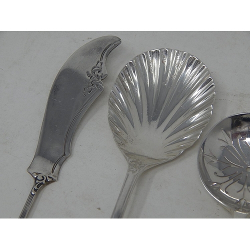 61 - Hallmarked Silver: Jam Spoon, Butter Knife, Straining Spoon & Condiment Spoon.