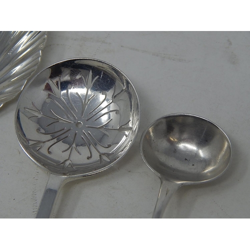 61 - Hallmarked Silver: Jam Spoon, Butter Knife, Straining Spoon & Condiment Spoon.