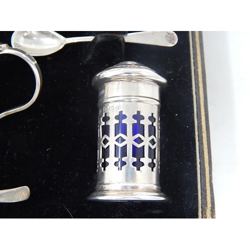 68 - Silver 5 Piece Cruet Set of Pierced Form with Blue Glass Liners. Hallmarked Birmingham 1932 within t... 