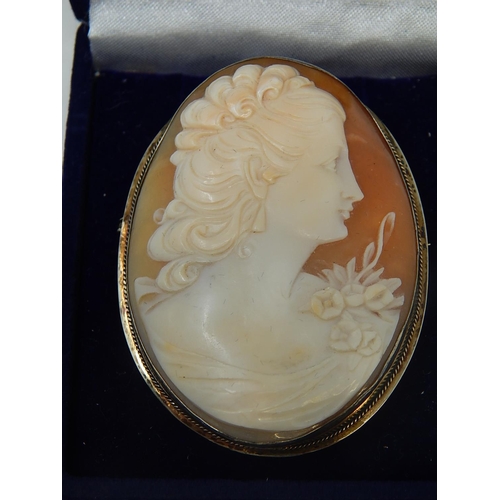 182 - Large 9ct Gold Mounted Cameo Brooch with Pin Fastener & Safety Chain/Pin. Measures 5.5cm x 4.5cm