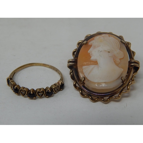 183 - 9ct Gold Hallmarked Gem Set Ring (size O) together with a rolled gold mounted Cameo Brooch.