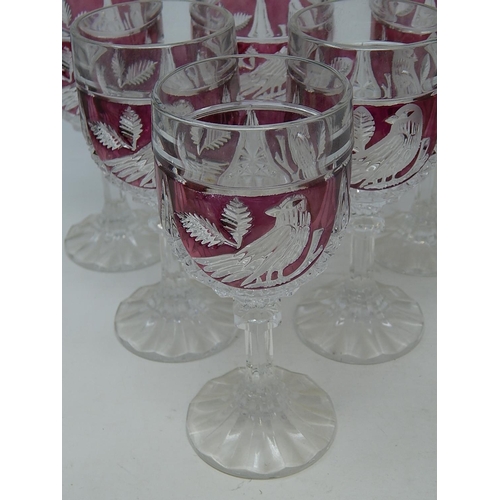 474 - HOFBAUER: German Lead Crystal set of 6 Red Byrdes Wine Goblets: Measuring 17cm High