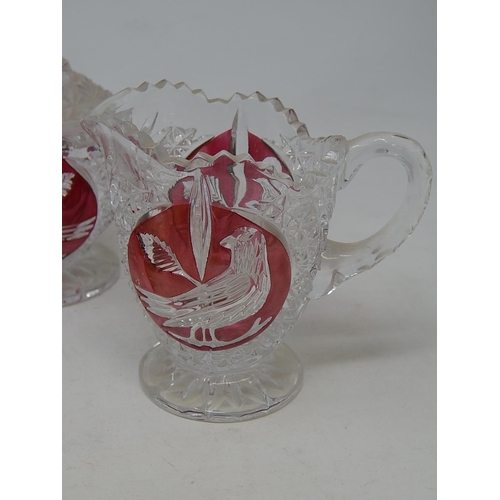 475 - HOFBAUER: German Lead Crystal Red Byrdes Milk Jug: Covered Sugar Bowl & Further Covered Bowl.