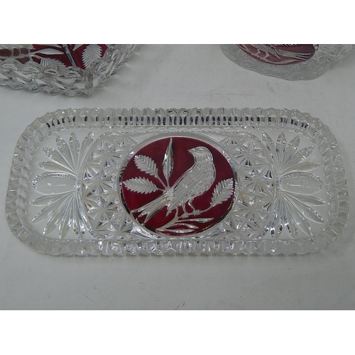 476 - HOFBAUER: German Lead Crystal Red Byrdes Heart Shaped Dish: Tray & Basket